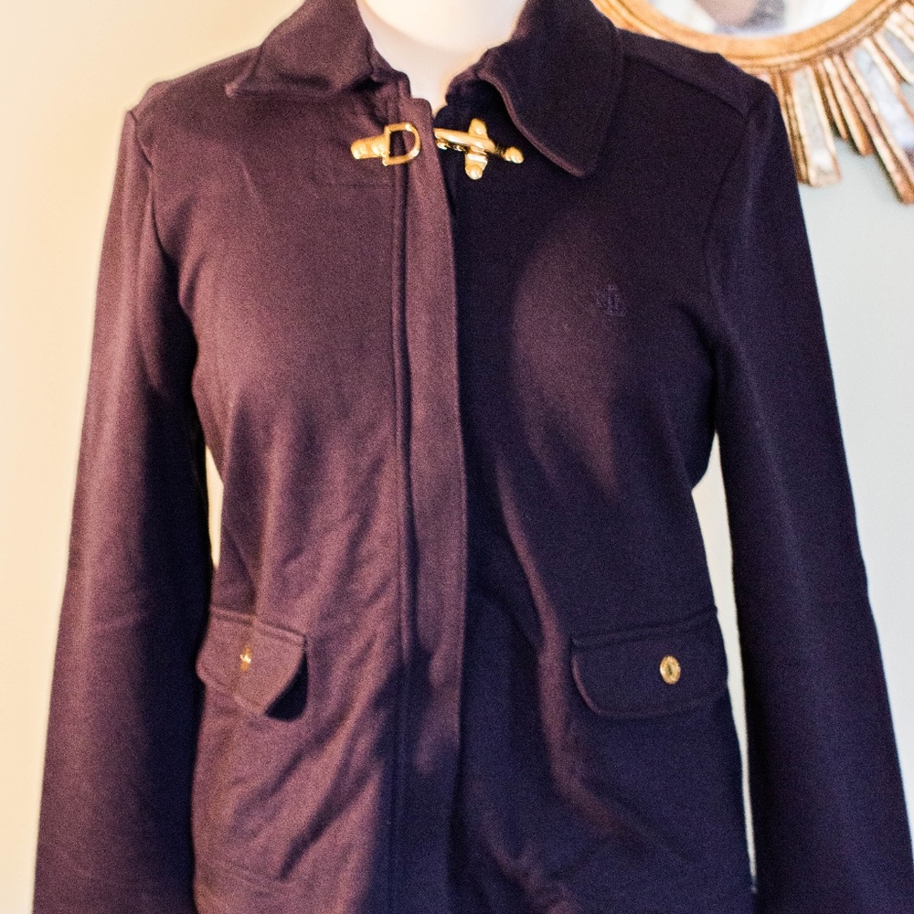 Ralph Lauren navy zip up jacket with brass buttons